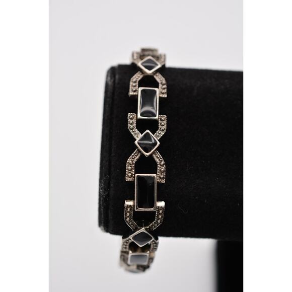 Vintage Chain Bracelet Black Enamel Gunmetal Linked Heavy 1990s Bin5 - Picture 1 of 12